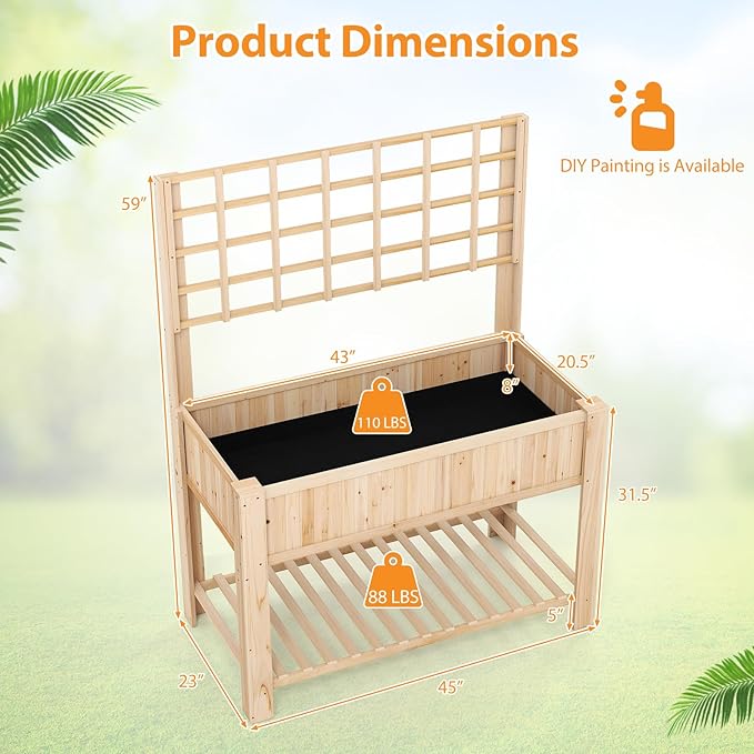 Giantex Raised Garden Bed with Trellis, Wooden Elevated Planter Box with Legs, Drainage Holes for Climbing Plants Vines Vegetables Flowers Herbs, Outdoor Horticulture Planter for Patio Yard