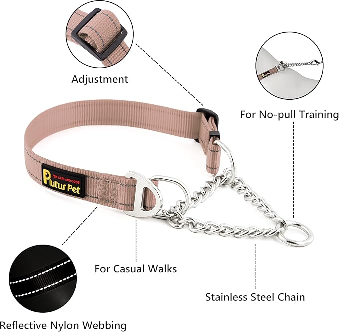 Plutus Pet Martingale Dog Collar with Stainless Steel Chain and Reflective Nylon, Adjustable No Pull Training Collar, for Small Medium, and Large Dogs, Beige, S
