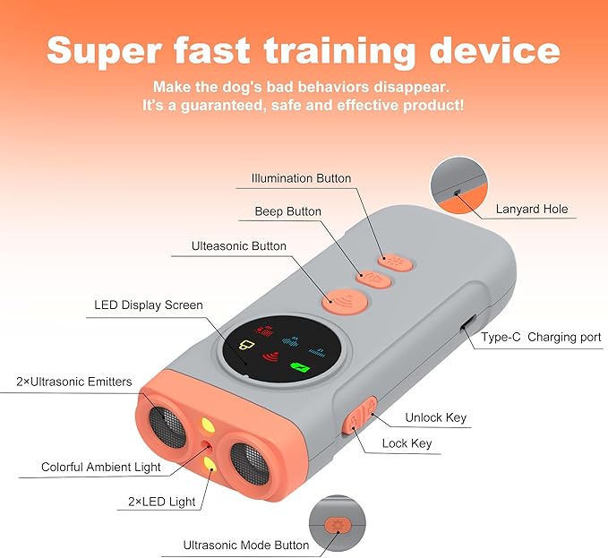 Dog Bark Deterrent Devices, Ultrasonic Bark Deterrents Rechargeable Dogs Barking Silencer with LED Display Screen Long Range in 50FT for Indoor Outdoor Dog Training