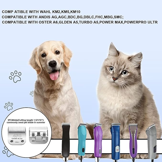 3PCS 4FC Blades Dog Grooming Clipper Replacement Blades Compatible with Andis Pet Clipper/Oster A5/Wahl KM Series Dog Clipper,Ceramic Blade & Stainless Steel Blade