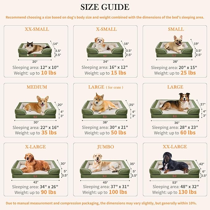Comfort Expression XXL Orthopedic Dog Bed for Extra Large Dogs, Orthopedic Foam Dog Beds Washable, Waterproof Pet Sofa Couch with Removable Cover & Non-Slip Bottom(XX-Large,Light Green)