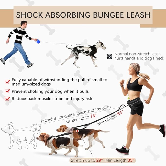 Hands-Free Dog Leash With Pouch, Waist Attachment for Walking Two Dogs, Reflective Stitching, Dual Handle, Bungee Retractable Running for Medium to Large Dogs Black