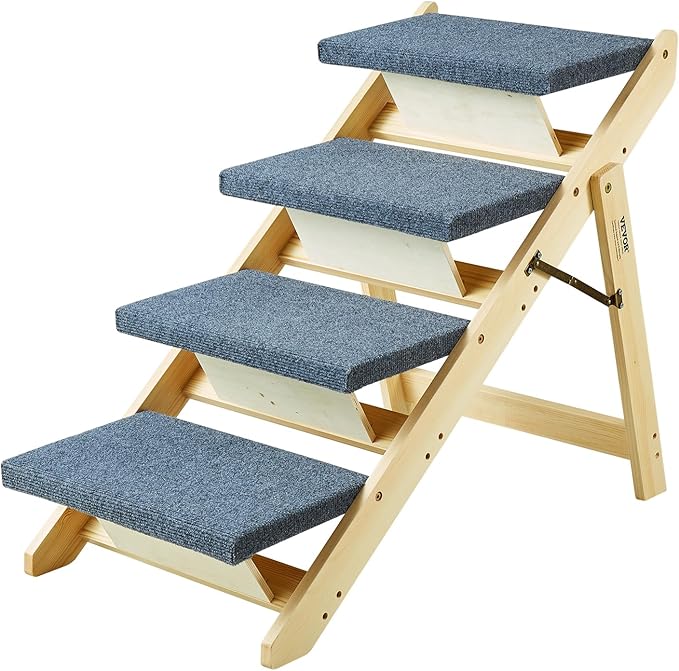 VEVOR Wood Pet Stairs/Pet Steps, 2-in-1 Foldable Wooden Dog Stair for Beds, Sofa and Cars, Dog Stairs & Ramp with 4 Steps for Small Medium Large Pet, up to 150 lbs