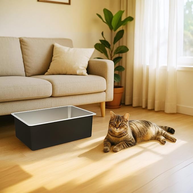 Ohtomber Stainless Steel Litter Box - High Sided Metal Cat Litter Box Pan, Never Absorbs Smell, Easy to Clean Non Stick Cat Litterbox Tray Toilet Pet Supplies for Indoor Kitty, Kitten, Rabbit, Puppy