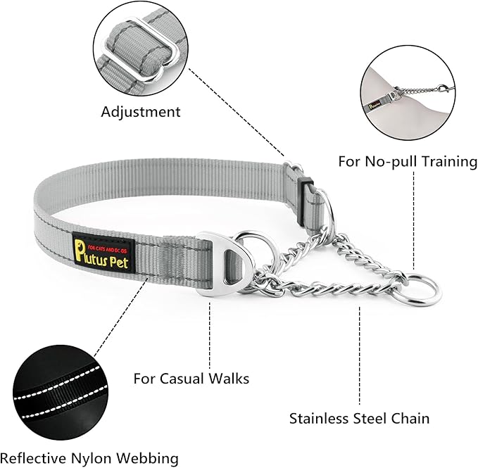 Plutus Pet Martingale Dog Collar with Stainless Steel Chain and Reflective Nylon, Adjustable No Pull Training Collar, for Small Medium, and Large Dogs, Gray, L