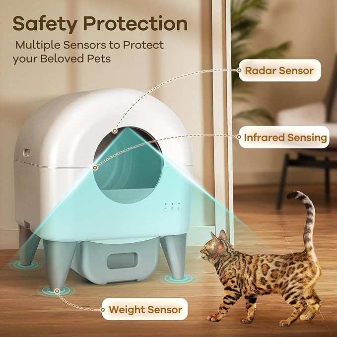 Self Cleaning Litter Box,95L Automatic Cat Litter Box Self Cleaning Large Capacity for Multiple Cats, App-Controlled with Safety Sensors, Removable Washable Liner,2 Rolls Garbage Bags,Grey