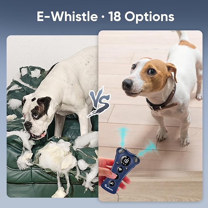 Adjustable Ultrasonic Dog Trainer–World's First Variable Frequency Pet Behavior Corrector with 10 Level Ultra Sound, 18 Dog Whistles, Anti-Bark Flashlight, Safe and Humane Deterrent (Blue)