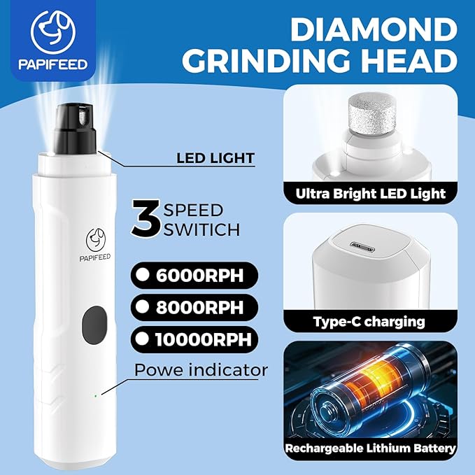 PAPIFEED Pet Nail Grinder for Dogs,3-Speed Rechargeable Dog Nail Trimmers and Professional Clippers,Paws Grooming Kit for Small Medium Large Dogs Cats - White