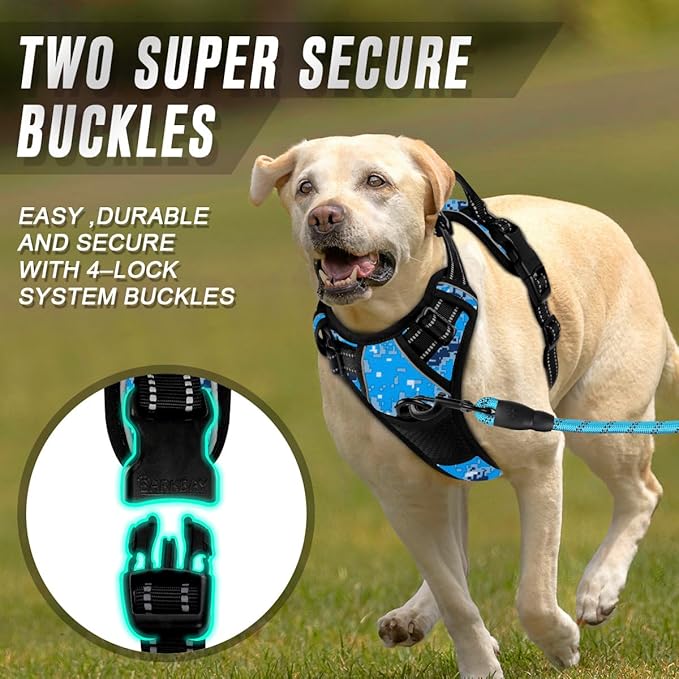 BARKBAY No Pull Dog Harness Front Clip Heavy Duty Reflective Easy Control Handle for Large Dog Walking(Blue camo,L)