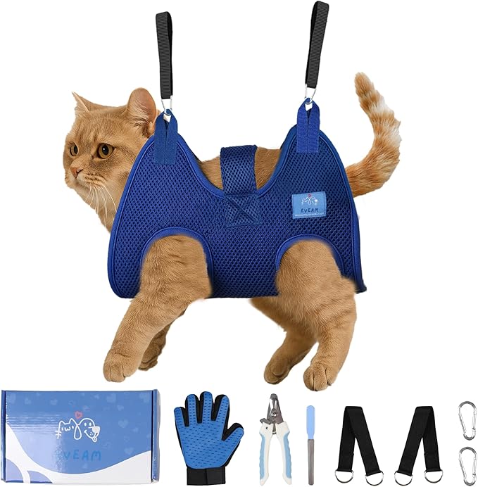 Pet Grooming Hammock for Cats & Small Dogs – Nail Clipping Kit with Sling, Clippers, File, Glove, Straps & Carabiners – Ideal for Trimming & Ear Cleaning – [S/XS] (Black, Extra-Small)