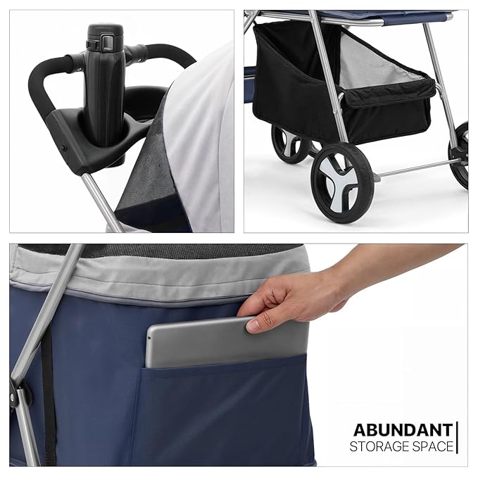 MoNiBloom 3 in 1 Foldable Pet Stroller for Small & Medium Dogs, Detachable Carrier, Car Seat, Push Button Entry, 4-Wheel Jogger for Pets up to 33 lbs, Navy Blue
