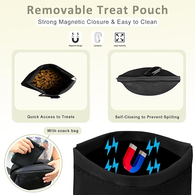 Puppy Dog Treat Pouches for Pet Training Treat Bag, Dog Walking Fanny Pack with Carabiner, Built-in Poop Bag Dispenser & Reuse Dog Poop Holder, Puppy Pet Treat Waist Belt (Black)
