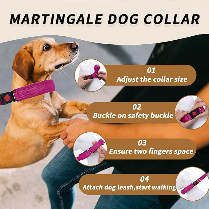 Martingale No Pull Dog Collar for Large Medium Small Dogs, Heavy Duty Nylon Reflective Adjustable Anti Pull Slip Collar with Buckle for Training Walking S Hot Pink
