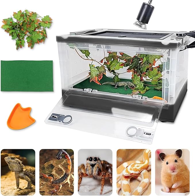 Foldable Reptile Terrariums Kits with Plant, Feeding Bowl, Carpet, Easy to Carry, Easy to Move with Wheels, Heat-Resistant Material, Suitable for Lizard Tortoise Leopard Gecko (Black)
