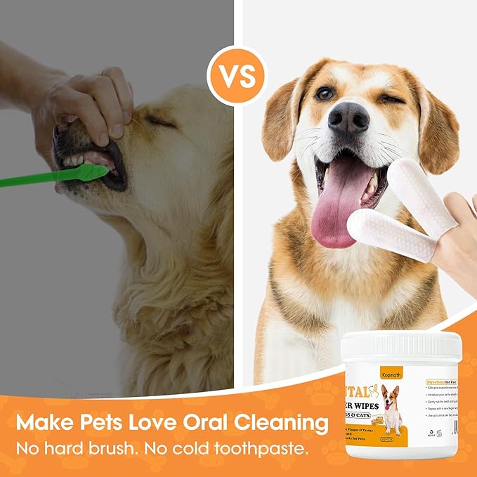 Dental Care Finger Wipes for Dogs & Cats, Reduces Plaque & Tartar Freshens Breath, Pre-Soaked Pet Teeth Wipes, Easy to Use Disposable Oral Cleaning Pads, Peanut Flavor