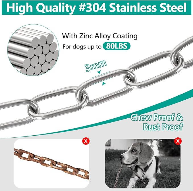 Tresbro Heavy Duty Dog Chains for Outside, 30FT Stainless Steel Tie Out Cable with Swivel Hook for Small Medium Dogs, Metal Chew Proof Pet Runner Chain Leash Lead for Outdoor Camping Hiking Yard, 3MM