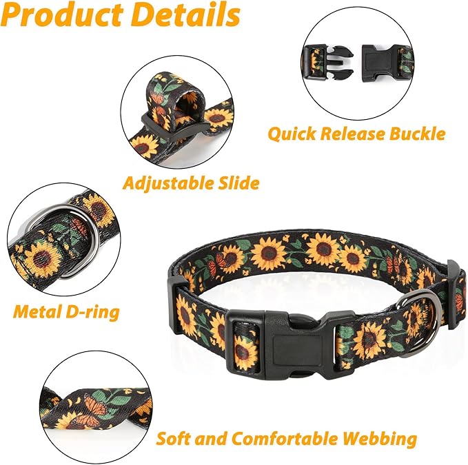 HEELE Dog Collar, Adjustable Soft Dog Collar for Small Medium Large Dogs,Sunflower Floral Patterned Puppy Collars with Quick Release Buckle Sunflower Black M Length 13.39''-20.87''