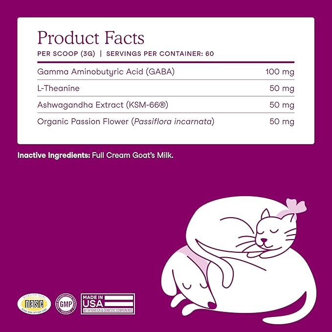 Fera Pets Goat Milk - Calming Supplement for Dogs & Cats - Ashwagandha, L-Theanine, & Passion Flower - Supports Anxiety Relief & Relaxation - for Picky Eaters - 60 TSP