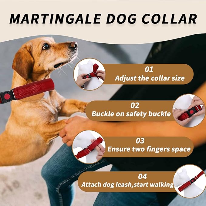 Martingale No Pull Dog Collar for Large Medium Small Dogs, Heavy Duty Nylon Reflective Adjustable Anti Pull Slip Collar with Buckle for Training Walking M Red