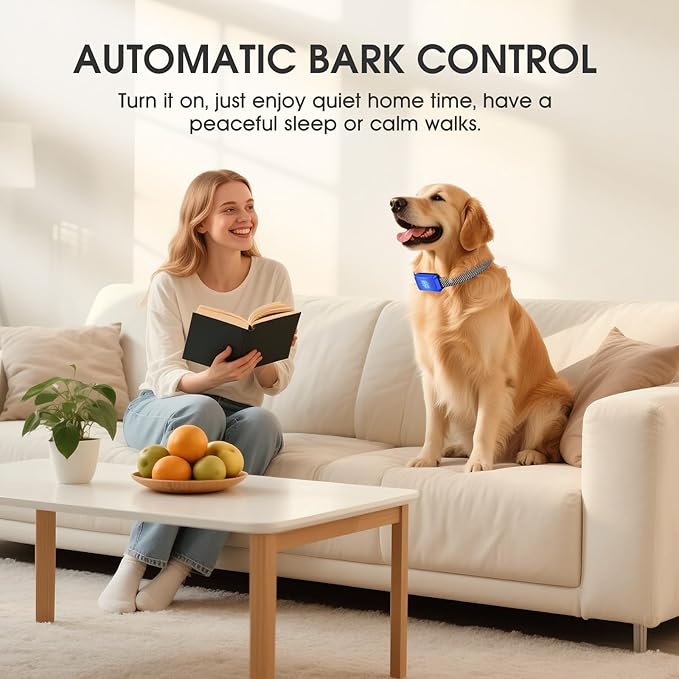 Dog Bark Collar for Large Medium Small Dogs, Rechargeable No-Bark Collar, Smart Barking Collar, Effective Bark Collar with 7-Level Sensitivity, 3 Beep & Vibration Modes, Waterproof, SkyBlue