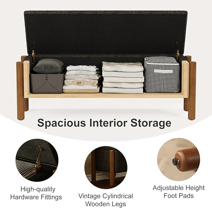Storage Ottoman Bench, End of Bed Bench for Bedroom, 47" Boucle Upholstered Entryway Shoe Seat Benchs, Holds up to 660 lb Storage Ottoman, Padded Blanket Chest Stool Foot Rest for Living Room Black