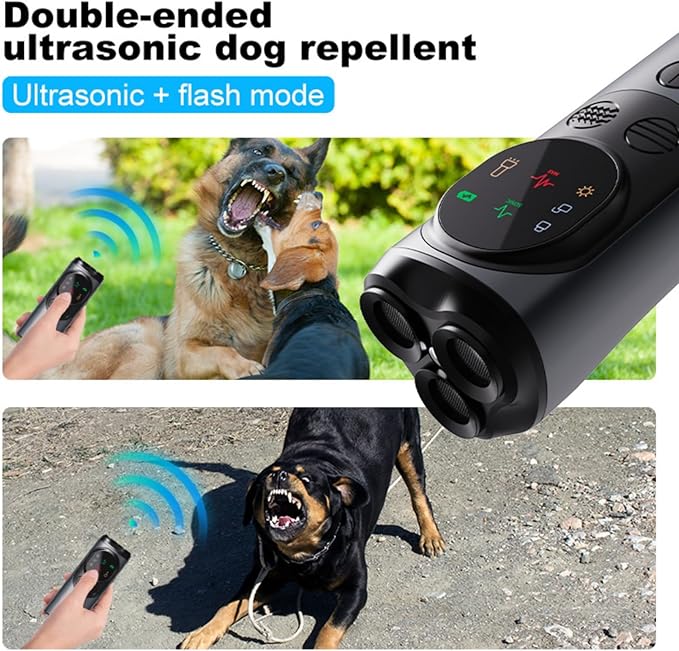 Ultrasonic Dog Bark Deterrent Device with LED Flashlight & Rechargeable Battery, 20ft Range Anti Barking Control for Indoor/Outdoor Use, Safe Alternative to Shock Collars（Three-Headed）