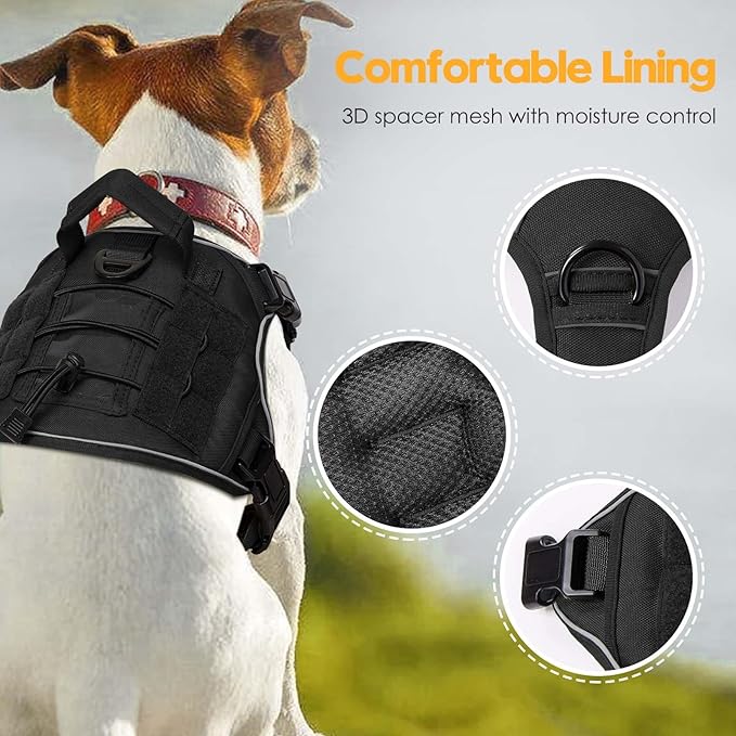 Heavy-Duty Tactical Dog Harness for Large Dogs, No Pull Adjustable Reflective Pet Vest with Molle System, K9 Military-Grade Control for Service Training, Outdoor & 10+ Breeds, Black, Medium
