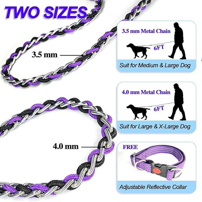 Dog Leash Rope Chain, Nylon Rope Metal Chain for Pet Leads. 6ft Heavy Duty Chew Proof Training Walking for Medium Large Dogs. (Large, Purple&Black)