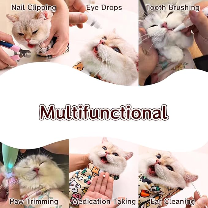 MANON ROSA Cat Grooming Wrap – Self-Adherent Anti-Scratch Swaddle Restraint Bag for Nail Cutting, Medication, Multifunctional Care - Calm Cozy Burrito Papoose Pet Magic Blanket (M (Within 9.9lbs))