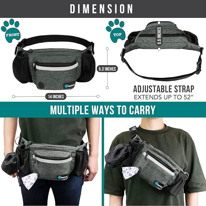 PetAmi Dog Fanny Pack, Treat Pouch for Dog Walking, Training, Built in Poop Bag Dispenser, Water Bottle Holder, Collapsible Bowl, Pet Treat Waist Belt for Hiking, Running, Kibbles (Charcoal)