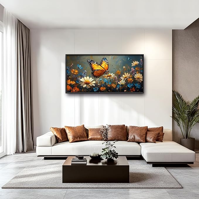 Large Butterfly Daisy Wall Art for Living Room, Floral Landscape Canvas Oversized Wall Decor, Flower Scenery Aesthetics Framed Pictures Painting Print Artwork for Bedroom Office 60"L x 30"W