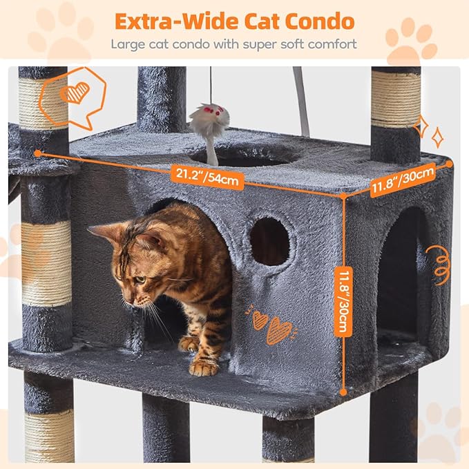 Taoqimiao Large Cat Tree，73-Inch Cat Tree Tower with 9 Scratching Posts for Indoor Cats, 2 Large Cat Condo with Hammock, Hanging Basket, 2 Extended Platform, Smoky Gray MS013XLG