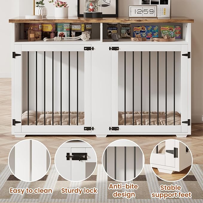 Dog Crate Furniture for 2 Dogs, 55 Inch Dog Crate Indoor with Removable Divider and Shelf Storage, Wooden Dog Crates for Medium/Large Dogs, White