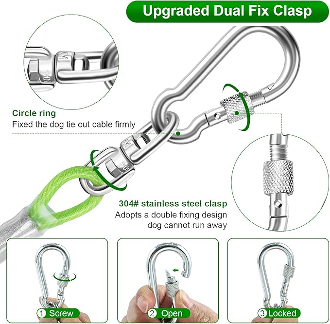 Dog Tie Out Cable for Outside,30FT Heavy Duty Dog Leash&Chains with Swivel Hook,Small-Large Dogs Runner Cable Up to 250lbs, Long Dogs Lead Line for Yard Outdoor and Camping (250lbs 30FT, Green)
