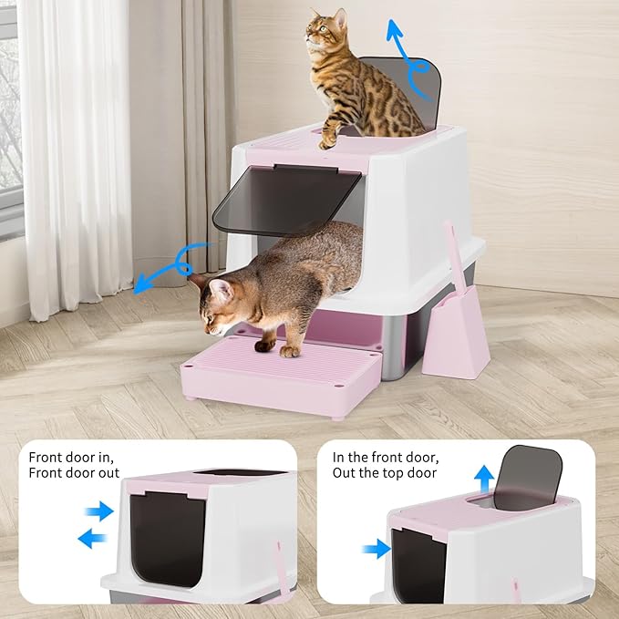 RIZZARI Stainless Steel Cat Litter Box, Enclosed Top-Entry Design, Large Capacity High-Sided Leak Proof Litter Pan for Cats, Easy Clean Pet Toilet (Pink)