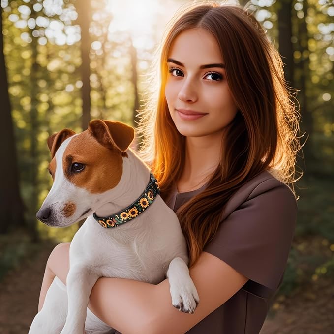 HEELE Dog Collar, Adjustable Soft Dog Collar for Small Medium Large Dogs,Sunflower Floral Patterned Puppy Collars with Quick Release Buckle Sunflower Black L Length 15.94''-25.59'