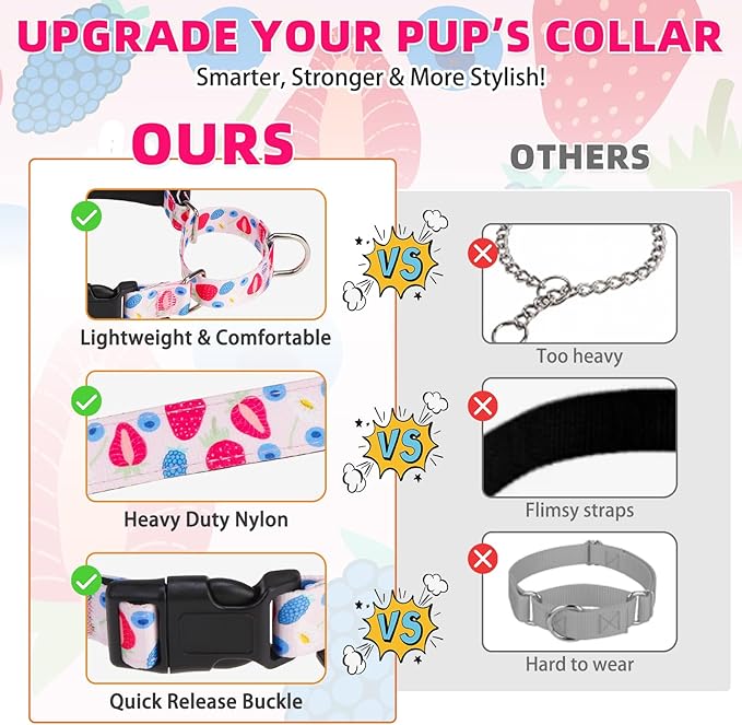 KOOLTAIL Martingale Collar for Dogs,Soft Padded Nylon Heavy Duty Dog Collar for Small Medium Large Dogs,Adjustable No Pull Durable Wide Puppy Training Collar With Pattern Design for Boys Girls, Pink M