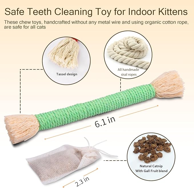 Retro Shaw Kitten Toys Catnip Ropes Cat Chew Toys, 6 Pack, Kitten Teething Toys for Indoor Cats Kitty, Safe Kitty Kicker Sticks Dental Toy