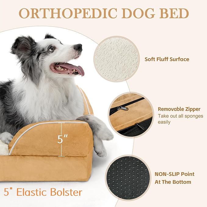 Comfort Expression Jumbo Dog Beds Orthopedic Foam, Waterproof Dog Beds for Jumbo Breed Dogs, PV Washable Dogs Sofa Couch with Removable Cover & Non-Slip Bottom(Khaki)