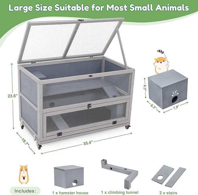 Coziwow Hamster Cage 35.4'' with Removable Ramps & Tray, Small Animals Hutch with Wheels & 2 Openable Doors, 3-Tier Wooden Cage for Dwarf Syrian Hamster, Mice, Rat, Rabbit