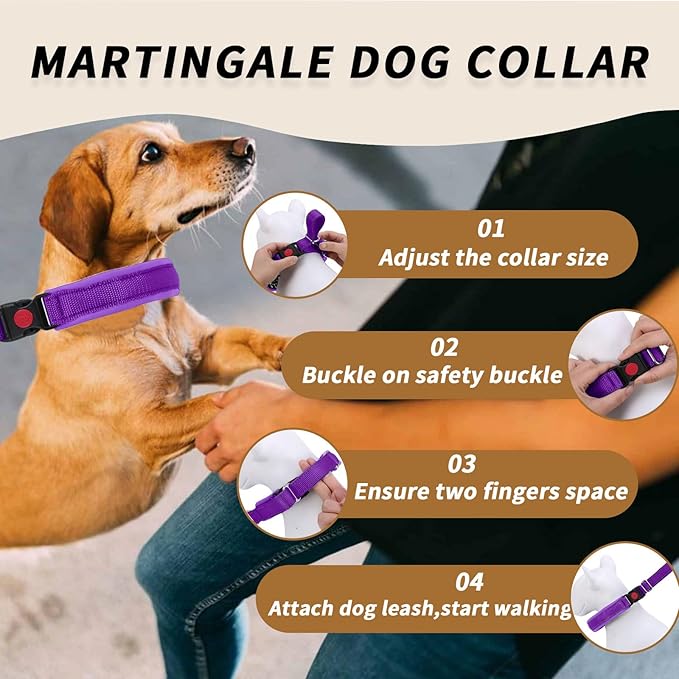 Martingale No Pull Dog Collar for Large Medium Small Dogs, Heavy Duty Nylon Reflective Adjustable Anti Pull Slip Collar with Buckle for Training Walking M Purple