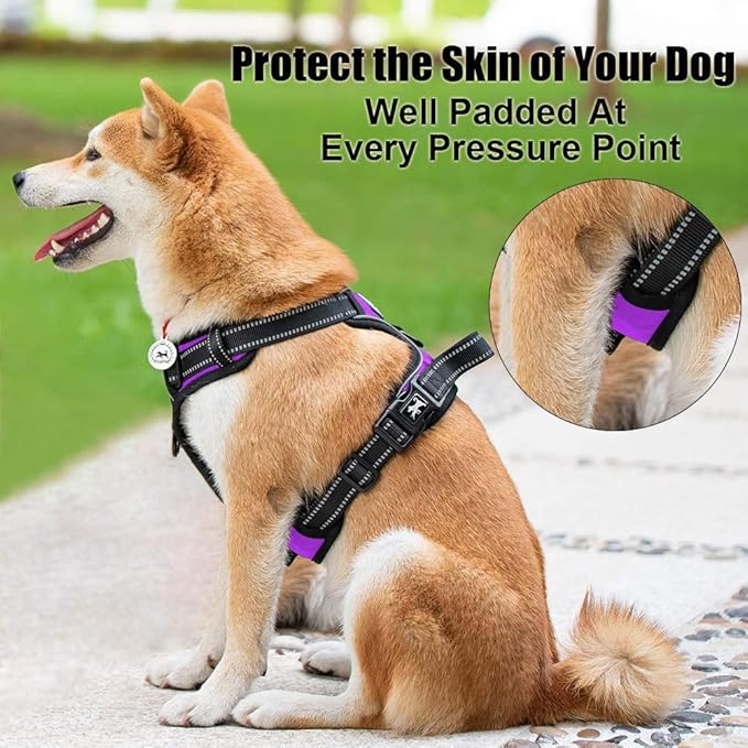 PoyPet No Pull Dog Harness, Reflective Comfortable Vest Harness with Front & Back 2 Leash Attachments and Easy Control Handle Adjustable Soft Padded Pet Vest for Small to Large Dogs (Purple,L)