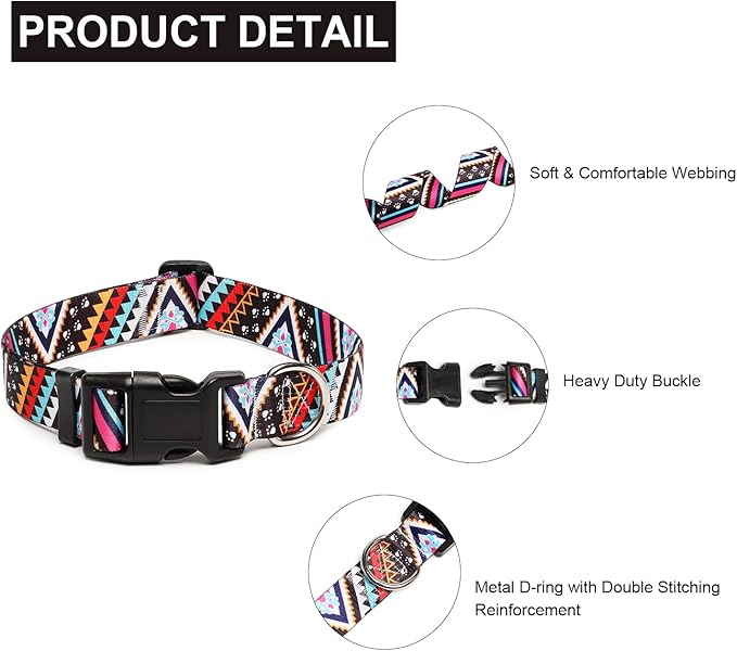 Mercano Adjustable Dog Collar - Special Design Patterns, Soft Nylon Comfortable Durable Pet Collar for Small Medium Large Dogs (L, Ethnic Pink)