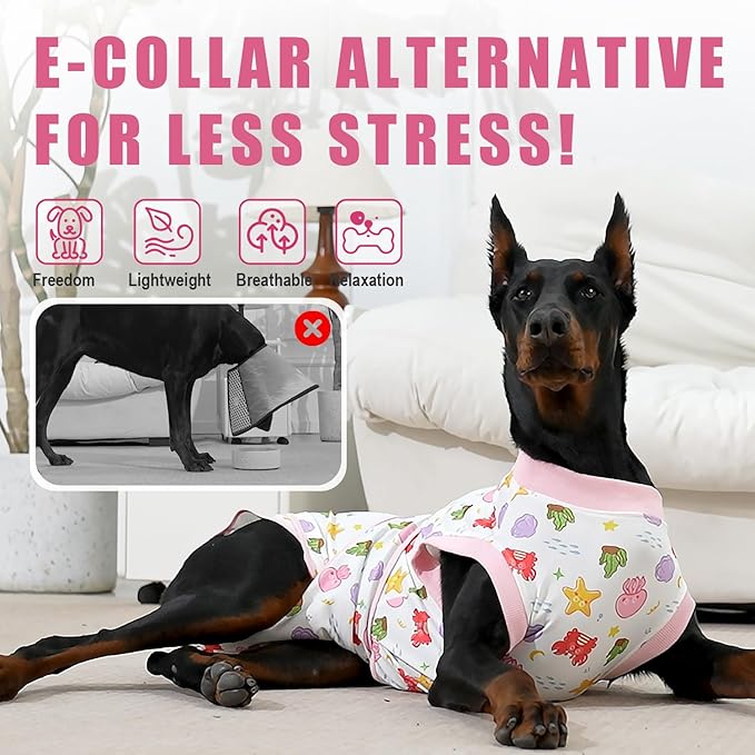 Recovery Suit for Dogs After Surgery, Professional Dog Surgical Suit for Female Spay, Male Neuter, E-Collar & Cone Alternative Dog Onesie for Abdominal Wounds Skin Disease, Jellyfish, L