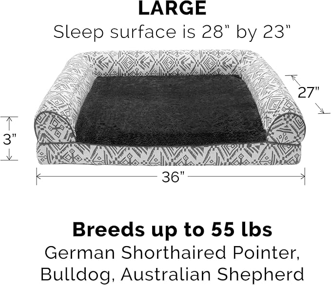 Furhaven Orthopedic Dog Bed for Large/Medium Dogs w/ Removable Bolsters & Washable Cover, For Dogs Up to 55 lbs - Plush & Southwest Kilim Woven Decor Sofa - Boulder Gray, Large