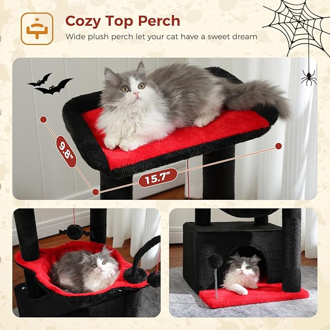PEQULTI 4-in-1 Gothic Cat Tree, 33'' Cat Tower for Indoor Cats with Large Condo, Cat Scratching Post for Cats with Deep Hammock& Cozy Top Perch,Black