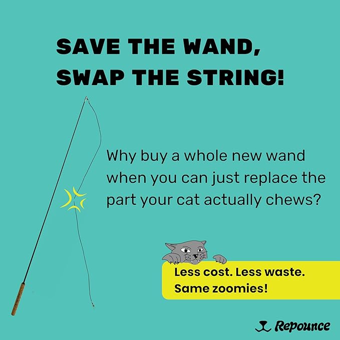 Replacement Strings for Cat Wand Toy - 3-Pieces - Chew-Proof Metal Wire and 2 Durable Paracord Strings - Heavy Chewers Pack Cat Wand Toy Refill Strings with Universal Clasps for All Lures