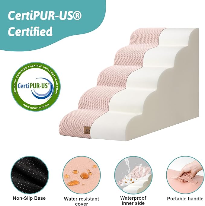 Dog Stairs for High Bed 22.6" H, Small Dog Step for Puppy, Older or Cat, Curved Ramp for Car, Ladder with High Density Foam, Lightweight, Durable, 15.7x33x22.6 inch, 5 Step, Pink