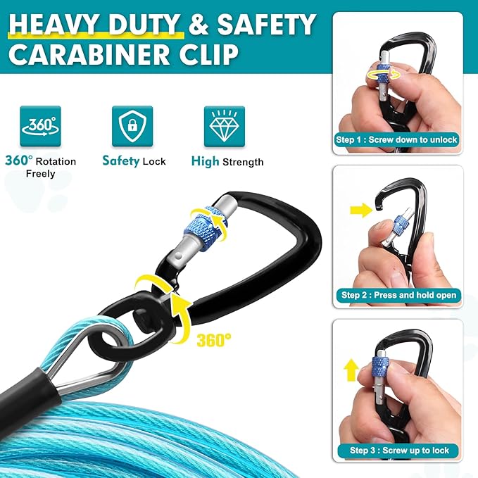 Snagle Paw Heavy Duty Long Dog Leads for Yard 200FT-1000LBS Break Strength,Dog Tie Out Cable with Swivel Lockable Hook & Spring,Chew Proof Dog Chain for Outside,Dog Run Cable for Medium Large Dogs