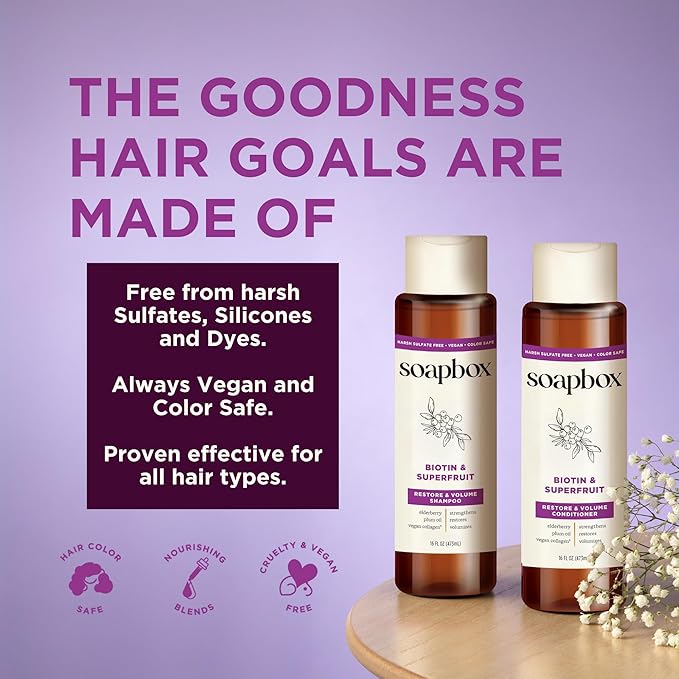 Soapbox Biotin & Superfruit Shampoo & Conditioner Set with Vegan Collagen, Aloe and Shea Butter, Harsh Sulfate Free, Paraben & Silicone Free, 1 Liter Each (Pack of 2)